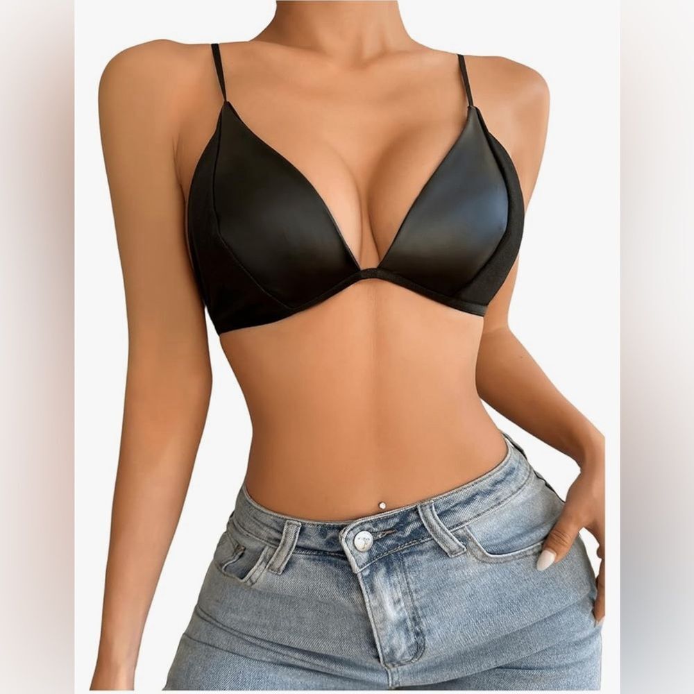 NWT - Women's Faux Leather Push Up Bra Spaghetti Strap Underwire -black -  Large